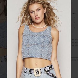 POL Light Blue Denim Patterned Crop Top